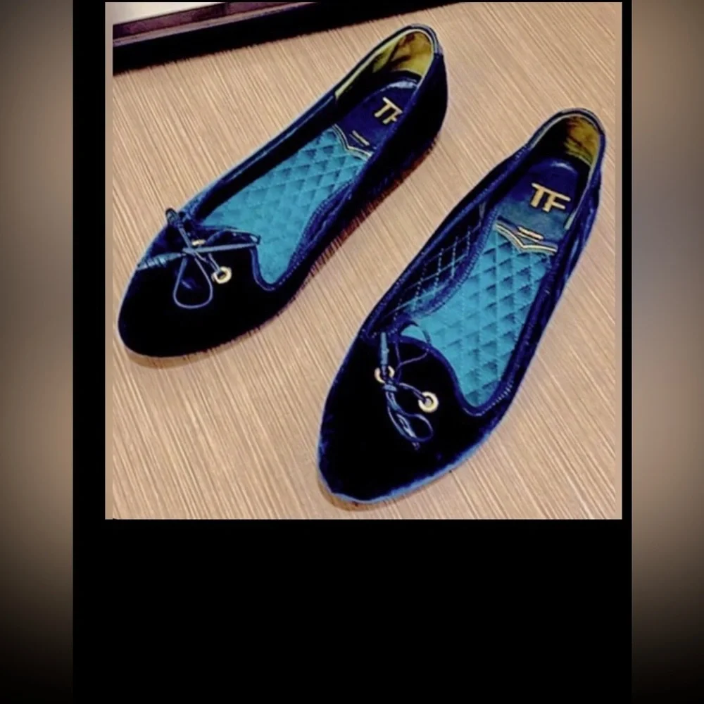 Tom Ford Velvet Bow Tie Flats Quilted Footbed Teal Blue EU /IT Size 36 = US  6.0